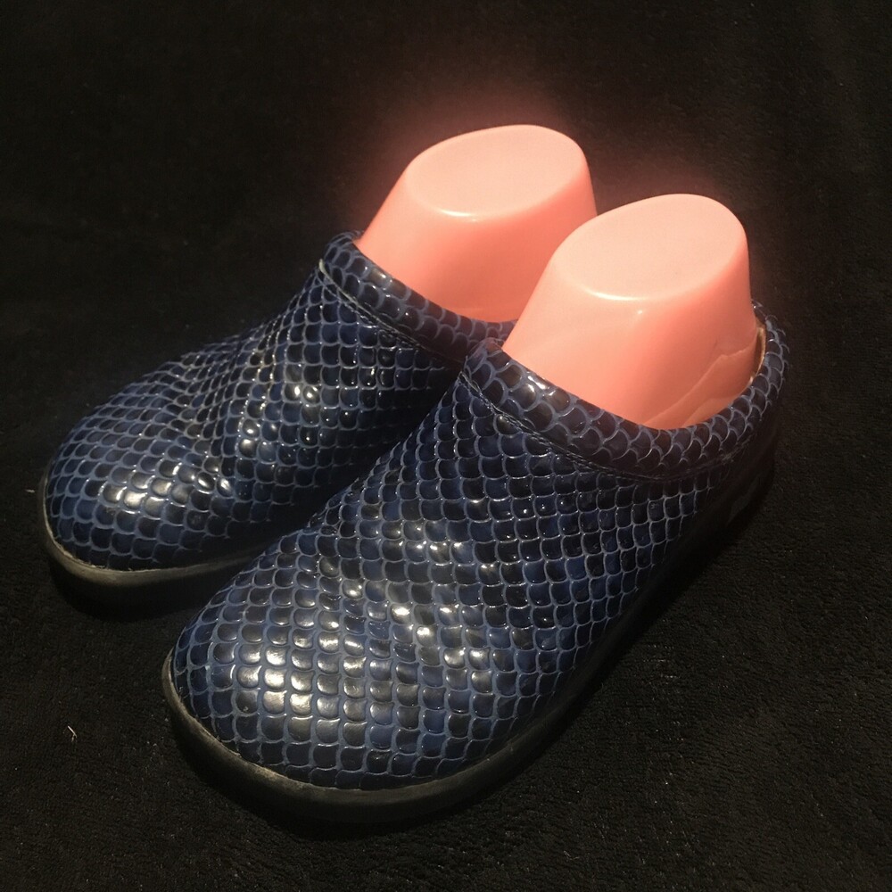 ALEGRIA COMFORT CLOGS WOMENS SZ 36 KAY-428 BLUE PATENT LEATHER SNAKESKIN PATTERN